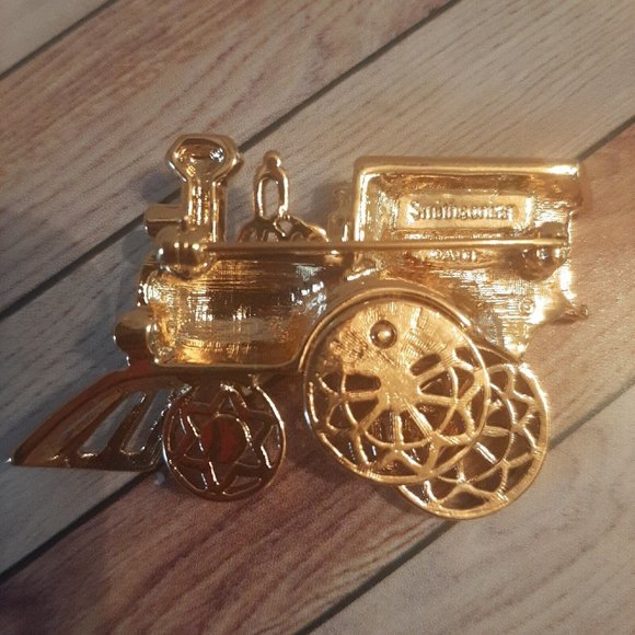 Smithsonian Enamel Crystal Train Engine Brooch Pin Gold Red - Picture 5 of 8